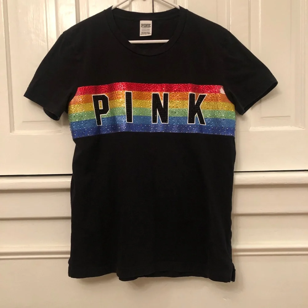 PINK Victoria’s Secret Rare Rainbow Bling Campus Tee - Picture 3 of 7